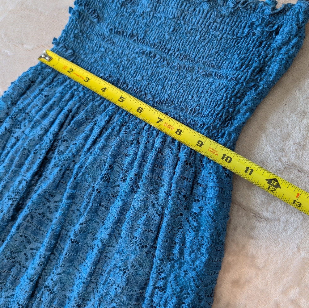 Teal Smocked Strapless Lace Boho Maxi Tube Dress Tiered Boho Hippie Blue Small - Picture 5 of 12